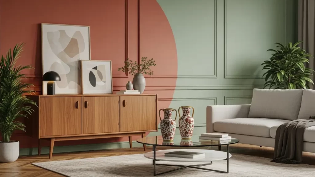 Sala de estar decorada misturando um buffet vintage de madeira com sofá minimalista moderno em paredes nas cores de 2026.