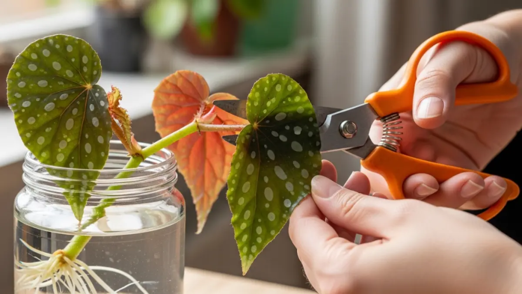 Mãos realizando a poda de uma Begônia Maculata e muda enraizando em copo com água.