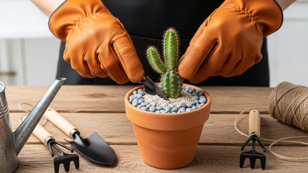 Processo de plantio de muda de Cacto Mandacaru em substrato arenoso com luvas.