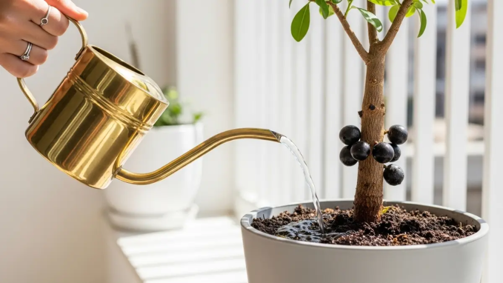 Mão segurando um regador de metal dourado regando o solo rico e úmido de uma jabuticabeira em um vaso moderno.