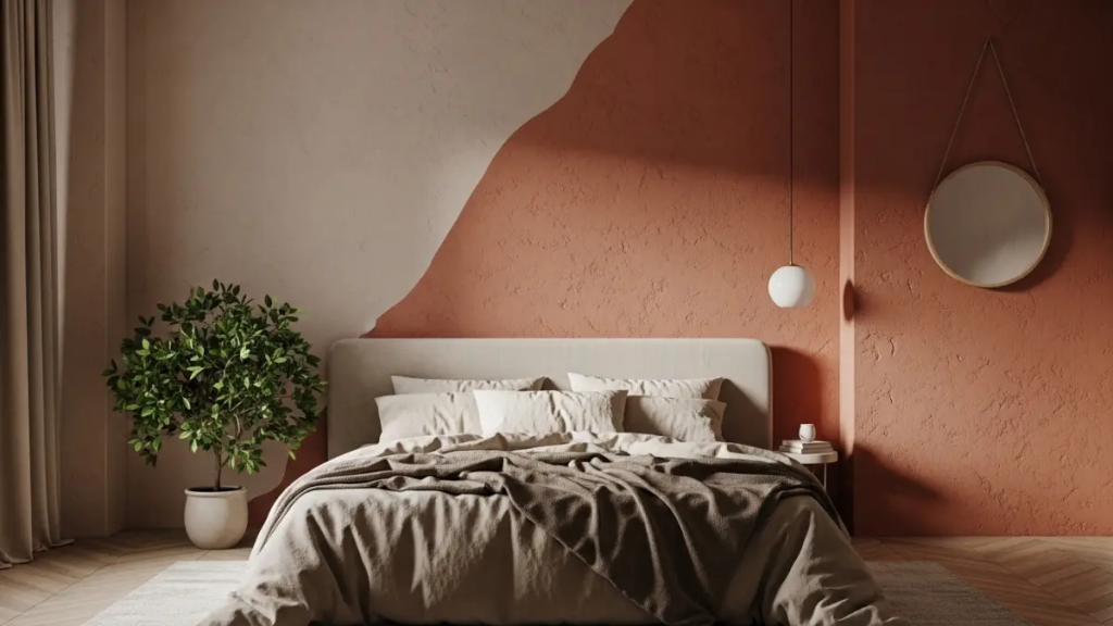 Quarto aconchego mineral com paredes em tom argila e roupa de cama de linho, exemplificando as cores de 2026 para ambientes de descanso.