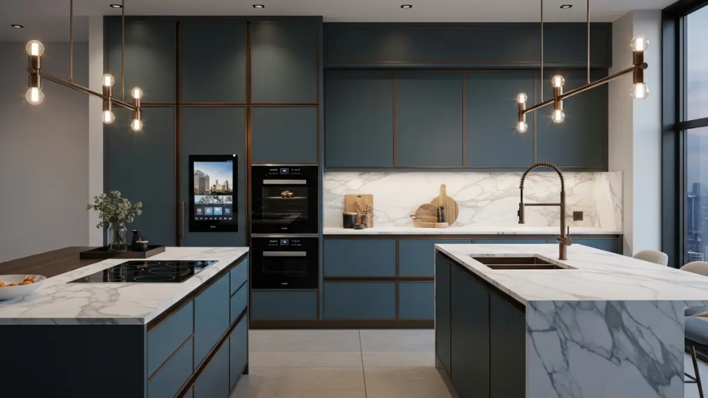Cozinha de luxo com armários em azul oceânico profundo e detalhes em bronze, ilustrando o uso de cores tecnológicas no design de interiores de 2026.