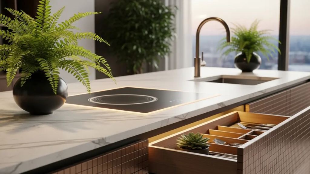 Detalhe de bancada de pedra branca com indução invisível, torneira de bronze escovado e plantas decorativas trazendo vida à cozinha tecnológica.