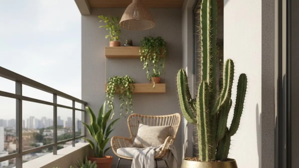Sacada aconchegante decorada com Cacto Mandacaru alto, poltrona de palha, manta e diversas plantas em vasos de dourado.