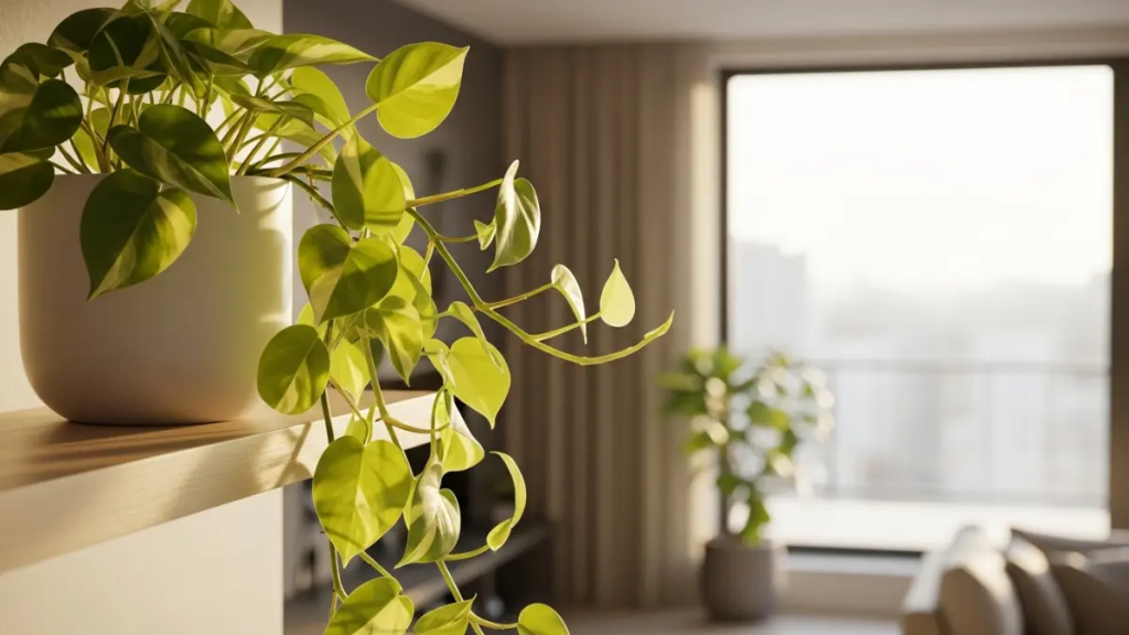 Sala de estar de alto padrão com design biofílico, exibindo um Filodendro Brasil em destaque e outras plantas ornamentais ao fundo.
