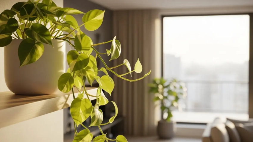 Sala de estar de alto padrão com design biofílico, exibindo um Filodendro Brasil em destaque e outras plantas ornamentais ao fundo.