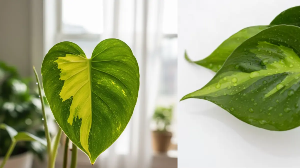 Close-up de uma folha de Filodendro Brasil em formato de coração, destacando a variegação amarela e verde sob luz natural filtrada.