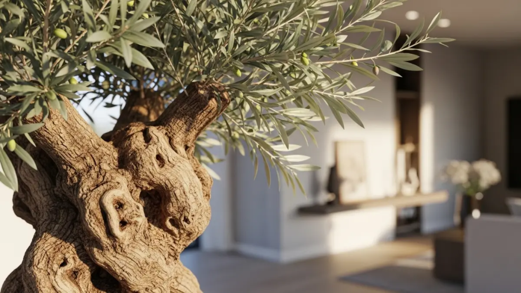 Close-up detalhado do tronco rugoso e folhas prateadas de uma oliveira de interior.