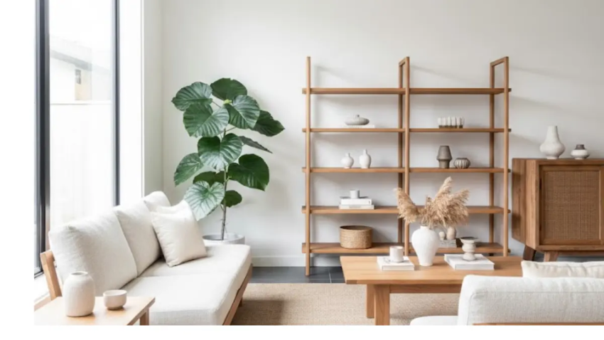 Uma árvore Ficus Umbellata alta em um vaso de cerâmica branca em uma sala de estar moderna com estilo Japandi.