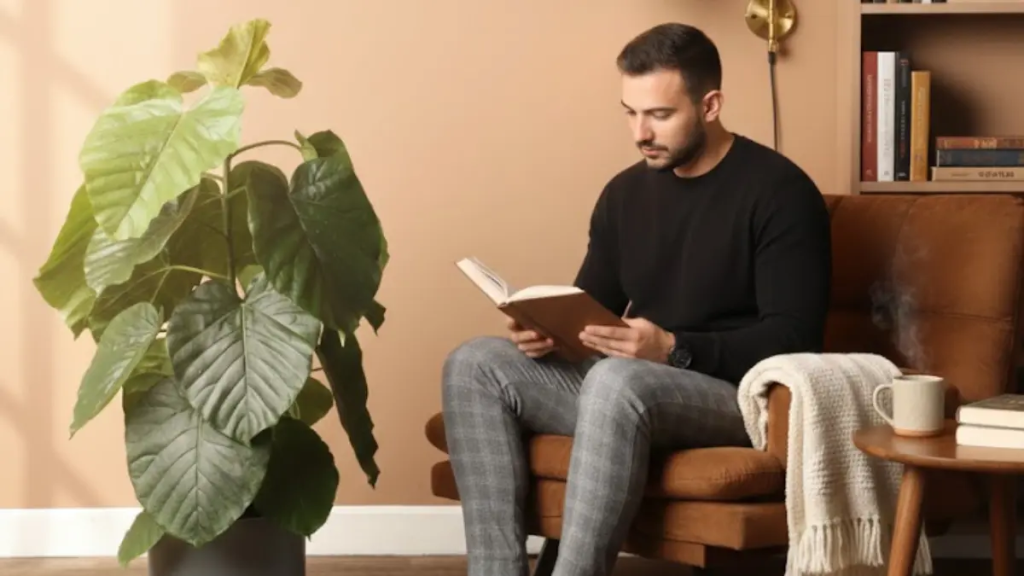 Ficus Umbellata posicionada ao lado de uma poltrona de leitura.
