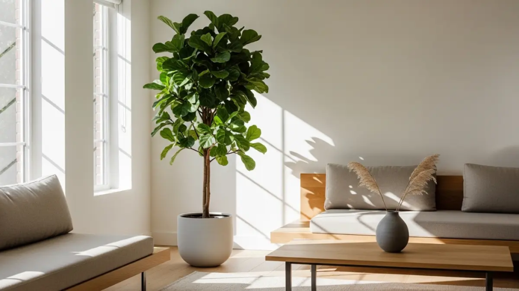 Ficus Umbellata posicionada ao lado do sofá perto de uma janela com cortinas claras.