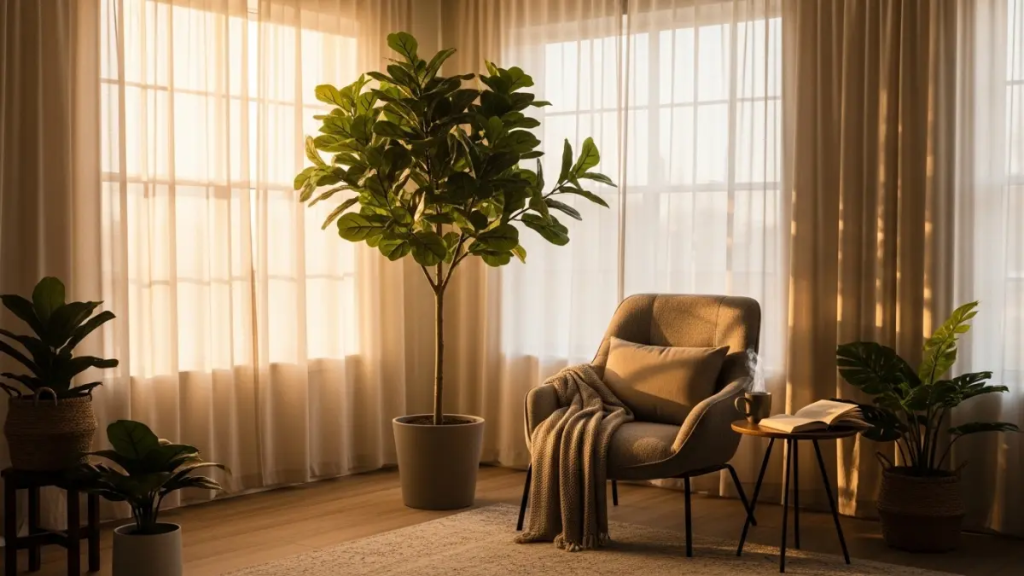 Ficus Umbellata posicionada ao lado de uma poltrona perto de uma janela com cortinas claras.
