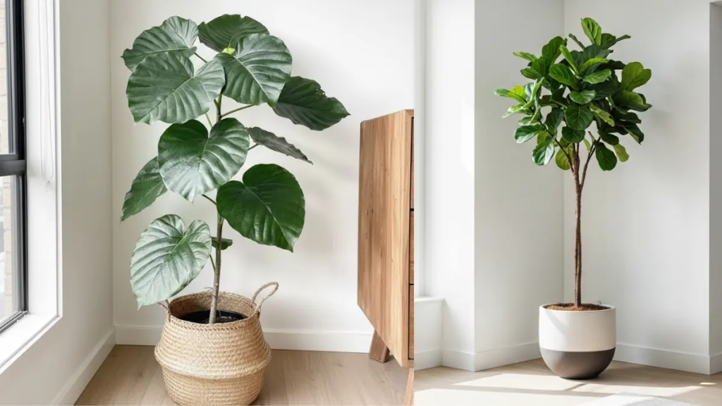 Ficus Umbellata alta em vaso cerâmico, atuando como escultura no apartamento, representando as plantas tendências de 2026.