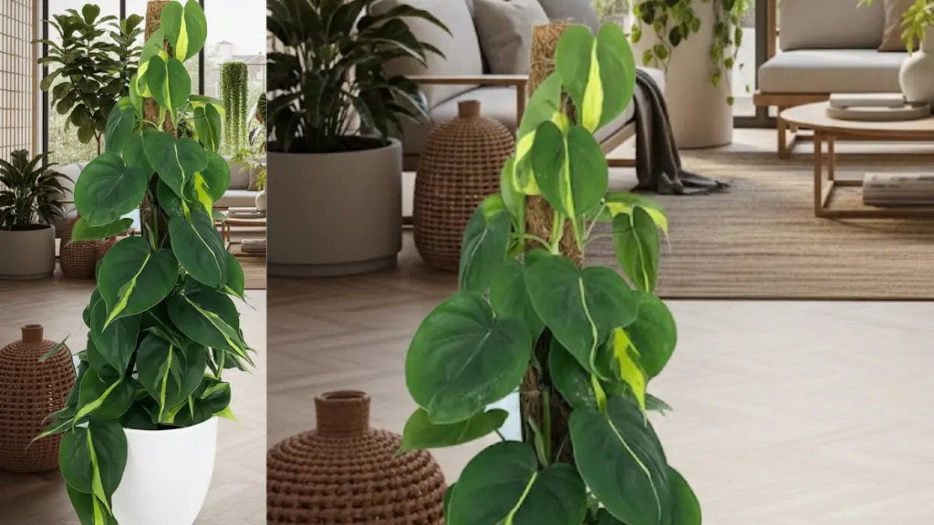 Filodendro Brasil crescendo verticalmente em um tutor de fibra de coco, plantado em um cachepô branco minimalista em uma sala moderna.