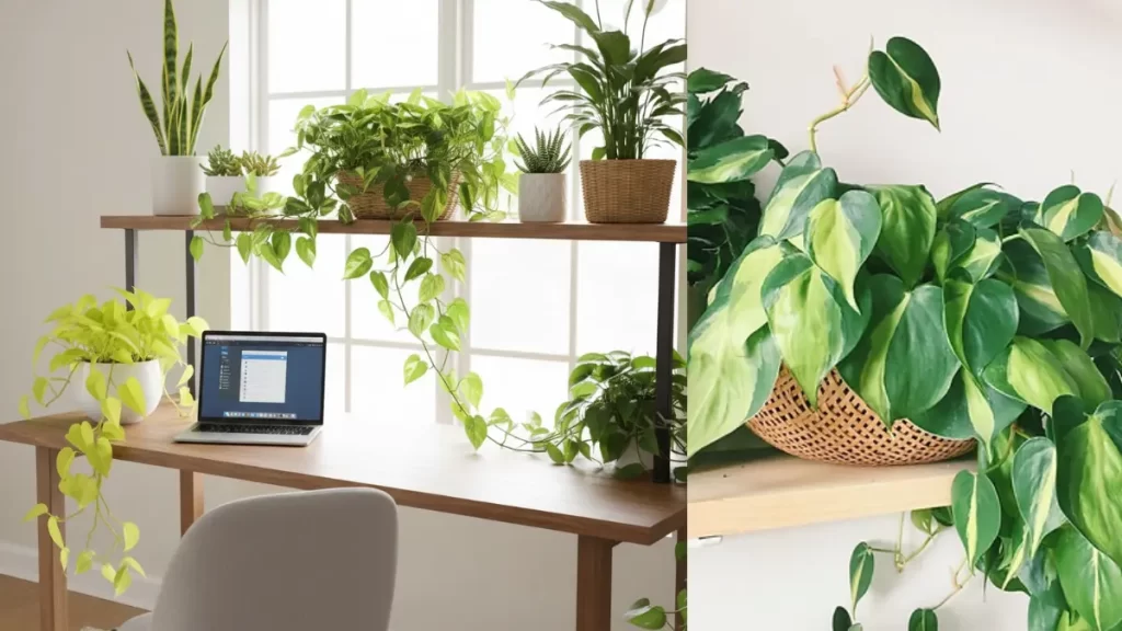 Home office com Filodendro e Lírio-da-Paz purificando o ar, mostrando a funcionalidade das plantas tendências para sua casa.