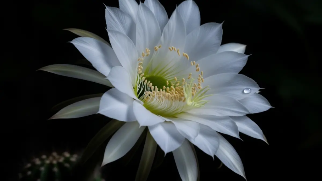 Flor branca e grande de Cacto Mandacaru aberta durante a noite.