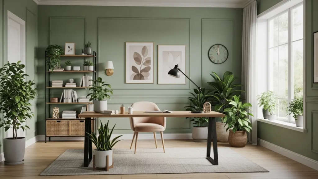 Escritório em casa com paredes verde sálvia e decoração biofílica, destacando tendências de cores de 2026 para produtividade e bem-estar.