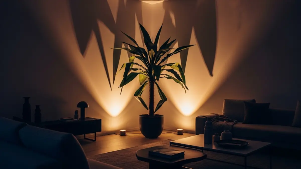 Iluminação de baixo para cima projetando sombras de plantas esculturais na parede.