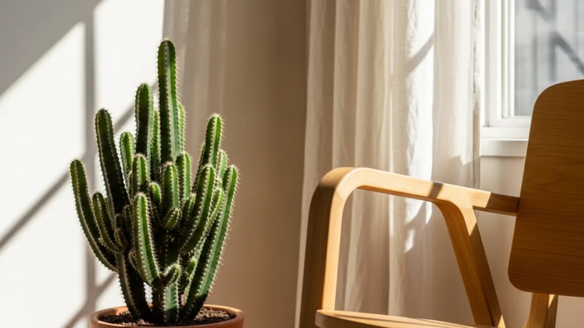 Detalhe de Cacto Mandacaru próximo a poltrona de madeira e cortina de linho.
