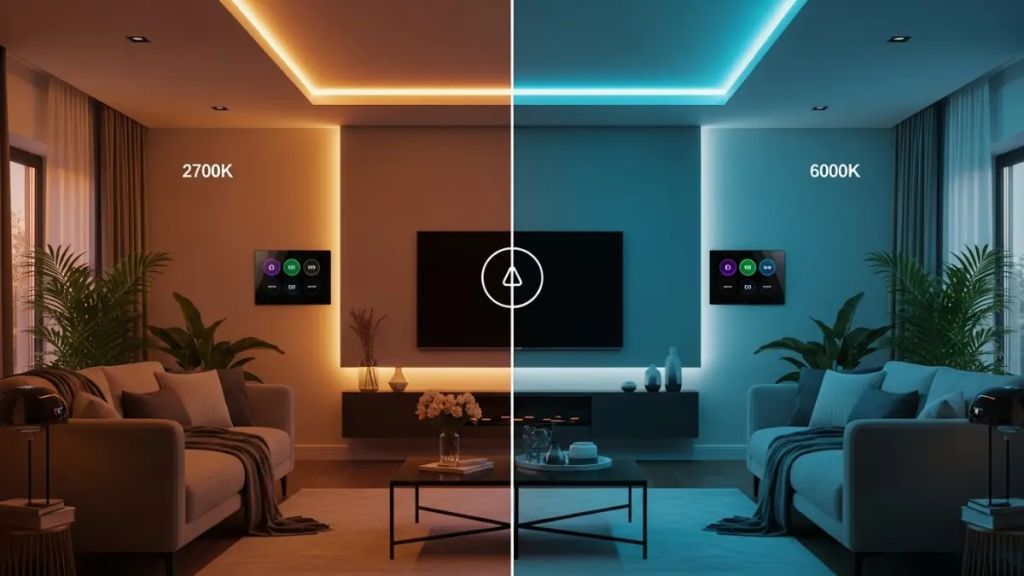 Comparação de sala de estar moderna mostrando a mudança de cores das paredes através de iluminação inteligente quente e fria.