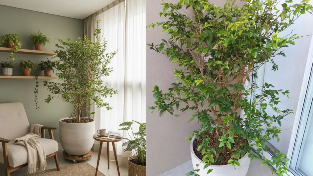 Jabuticabeira cultivada em vaso grande de cimento em uma sala de estar com design biofílico, poltrona de madeira, prateleiras com plantas e luz natural suave vinda da janela.