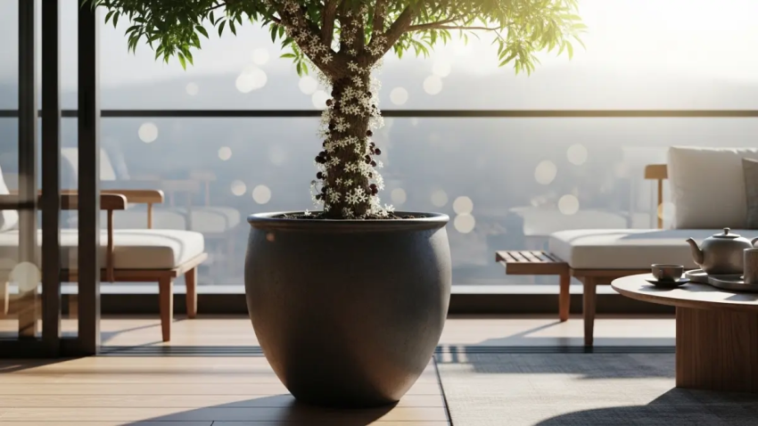 Jabuticabeira em vaso de cerâmica cinza em varanda de luxo iluminada pelo sol.