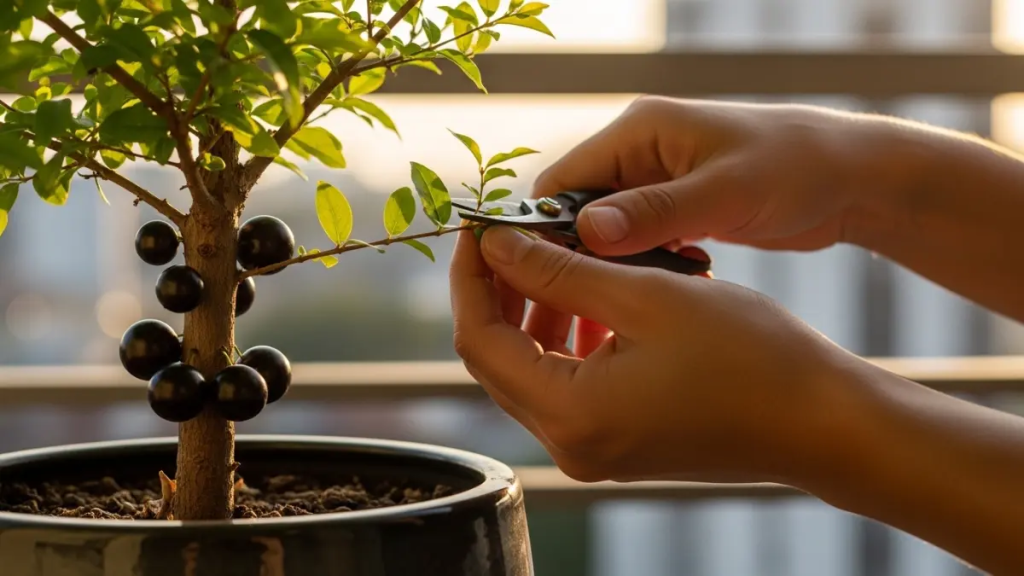 Mãos cuidando de uma Jabuticabeira em vaso, simbolizando o cultivo funcional das plantas tendências que vão definir sua casa.