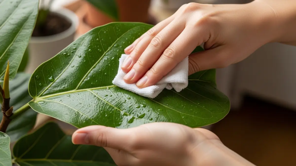 Mãos de uma pessoa limpando o pó de uma folha grande de Ficus Umbellata com um pano macio.