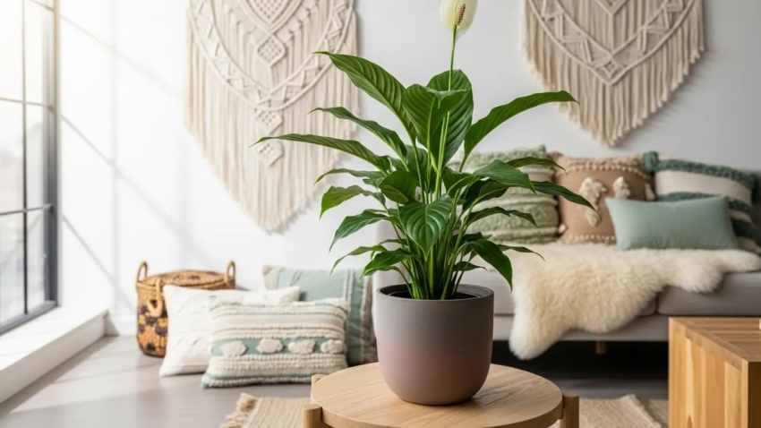 Vaso de Lírio da Paz em uma sala de estar moderna e iluminada.