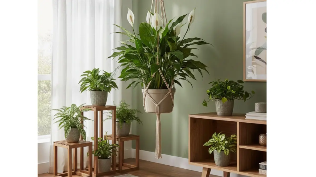 Vaso de Lírio da Paz em destaque sobre um banco de madeira, posicionado ao lado de uma prateleira com outras plantas em uma sala decorada.