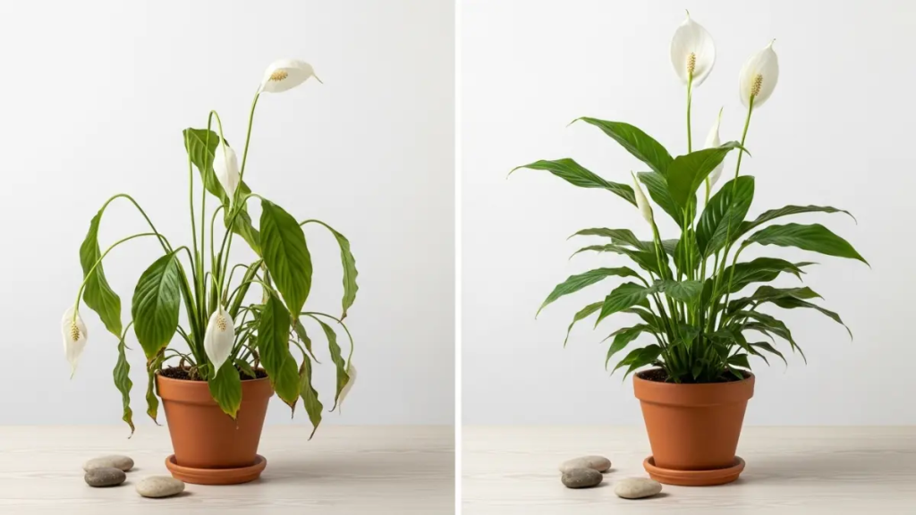 Comparativo entre Lírio da Paz murcho por sede e planta saudável após rega.