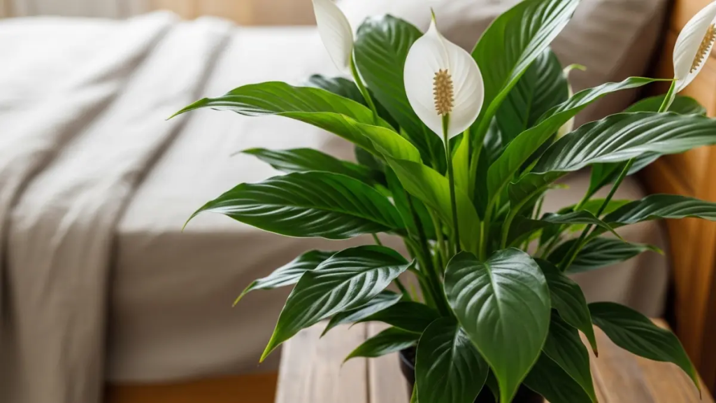 Lírio da Paz em um quarto ajudando na purificação do ar durante o sono.