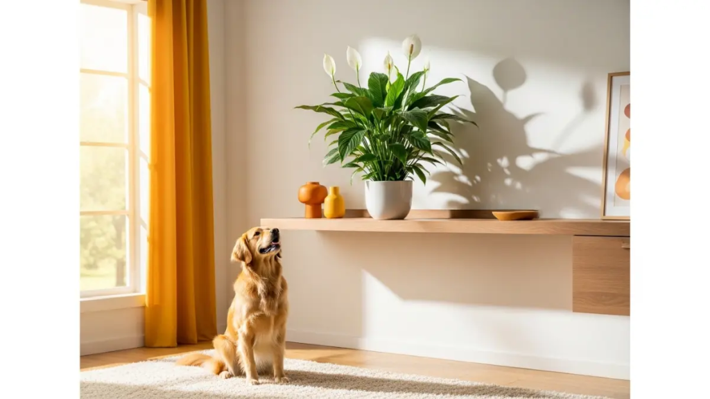 Lírio da Paz posicionado em prateleira alta para evitar contato com animais.