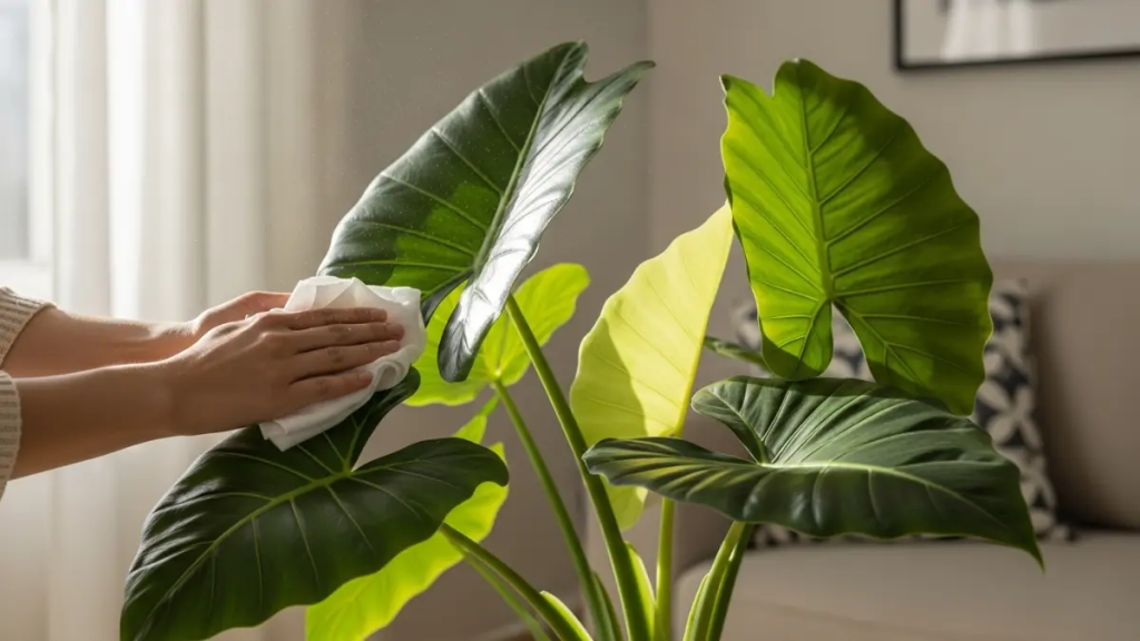 Pessoa limpando folha de planta escultural em sala iluminada, exemplificando a manutenção do design vivo.