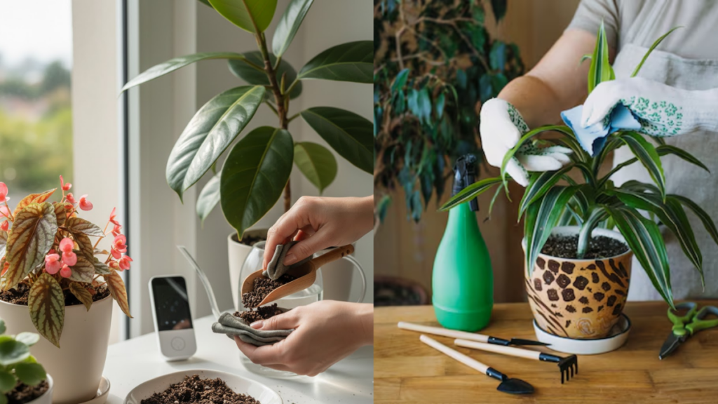 Pessoa realizando a manutenção de plantas tendências com adubação orgânica e auxílio de sensor de umidade digital em ambiente iluminado.
