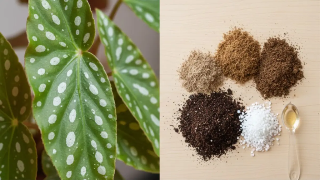 Infográfico mostrando diferentes componentes de solo (turfa, perlita e terra) ao lado de uma folha de Begônia Maculata saudável.