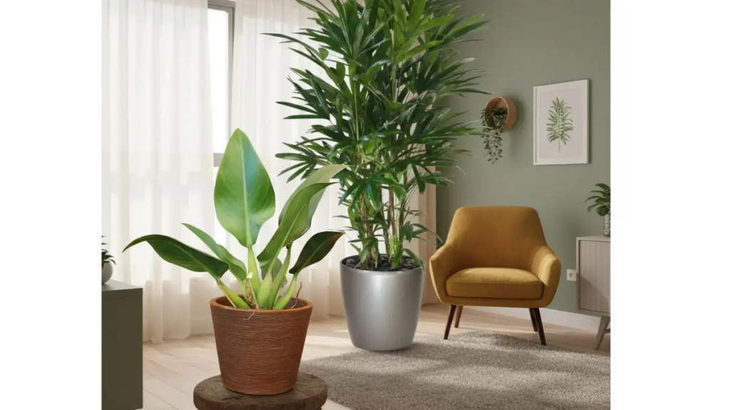 Composição de plantas de interior com Palmeira Ráfia e Pacová.