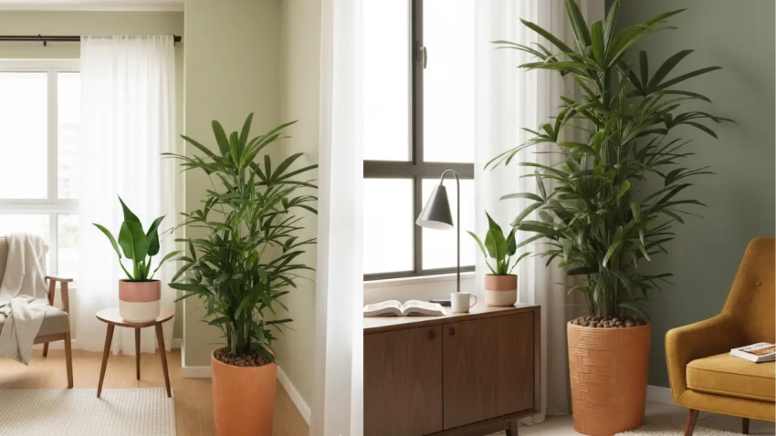 Palmeira Ráfia em cachepo terracotsa no canto de uma sala moderna.