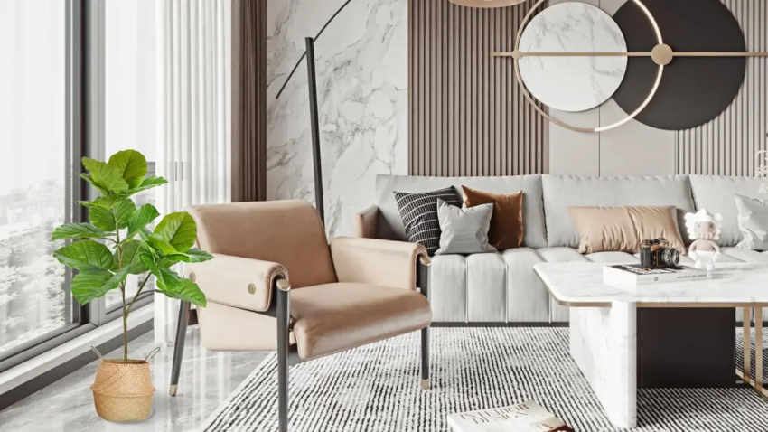 Planta escultural Ficus Umbellata em uma sala de estar luxuosa com design vivo.