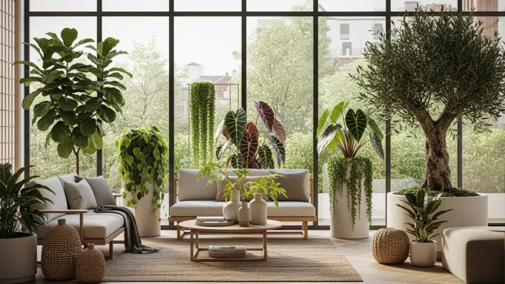 Sala de estar luxuosa com design biofílico, apresentando grandes janelas de vidro, móveis minimalistas e diversas plantas tendências como Alocasia, Ficus Lyrata e plantas pendentes em vasos cerâmicos.