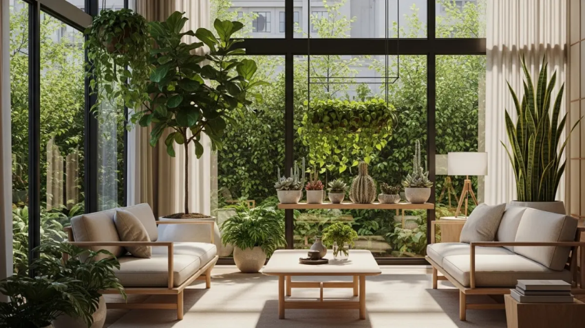 Sala de estar moderna com design biofílico e as plantas tendências que vão definir sua casa este ano, com luz natural e mobiliário estilo Japandi.