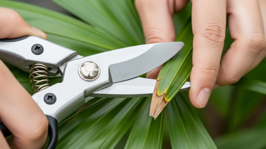 Mãos realizando poda estética nas pontas secas de uma Palmeira Ráfia.
