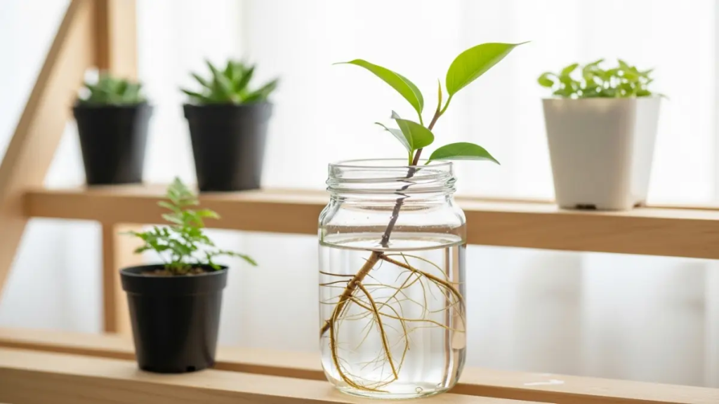 Uma estaca de Ficus Umbellata desenvolvendo raízes dentro de um frasco de vidro transparente com água.