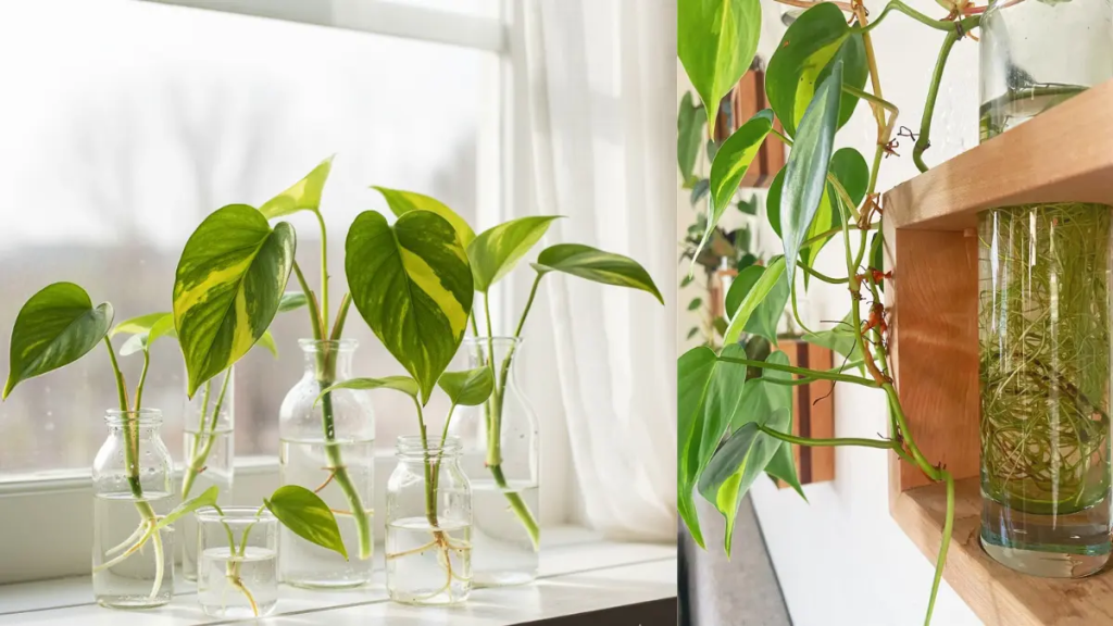 ários frascos de vidro com mudas de Filodendro Brasil desenvolvendo raízes brancas na água, posicionados em uma janela iluminada.