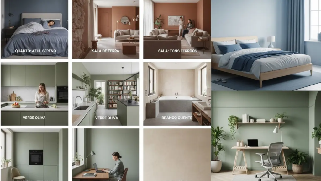 Infográfico visual mostrando a psicologia das cores em quatro cômodos diferentes seguindo as tendências de 2026