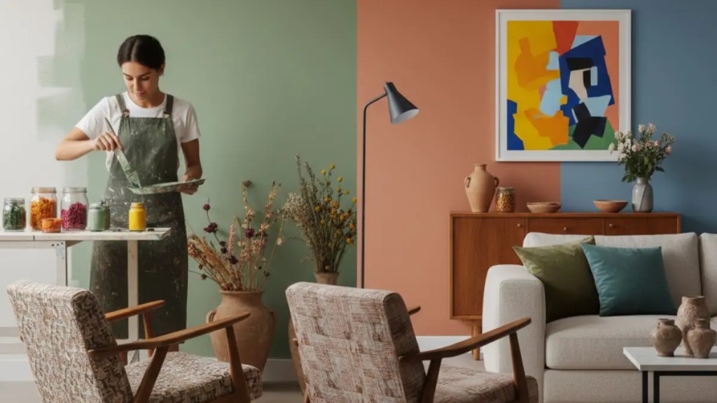 Mulher manuseando pigmentos naturais de pintura ao lado de sala decorada misturando móveis antigos e cores modernas de 2026.