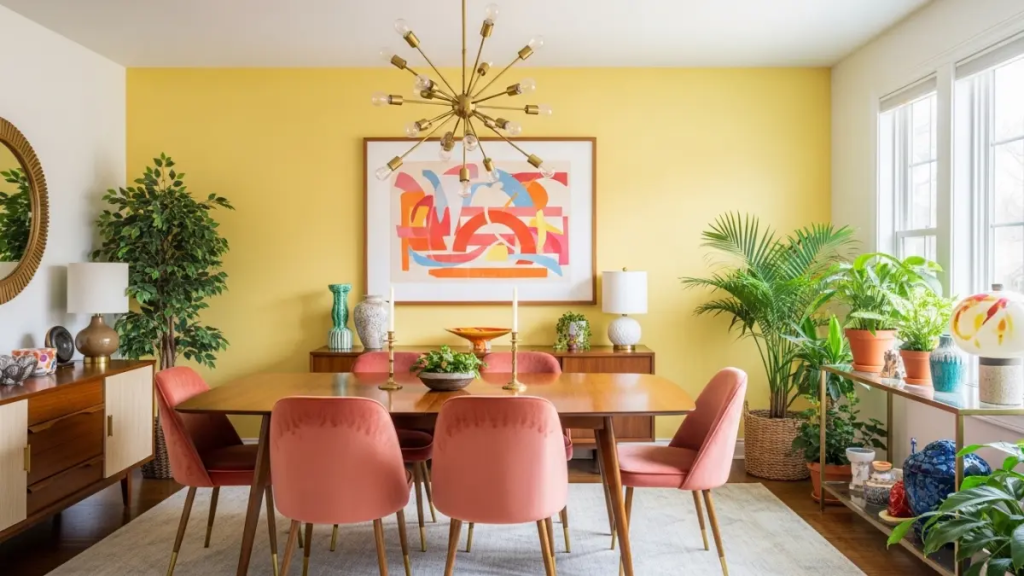 Sala de jantar vibrante com parede amarelo manteiga e cadeiras rosa queimado, mostrando tons otimistas das tendências de decoração 2026.
