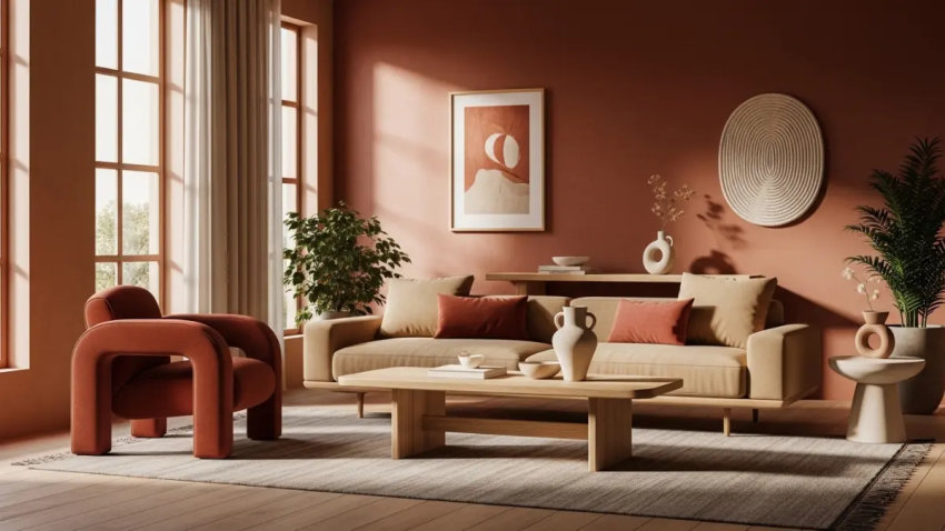 Sala de estar moderna decorada com as tendências de decoração 2026, apresentando paleta de cores areia e terracota em estilo Japandi com iluminação natural.