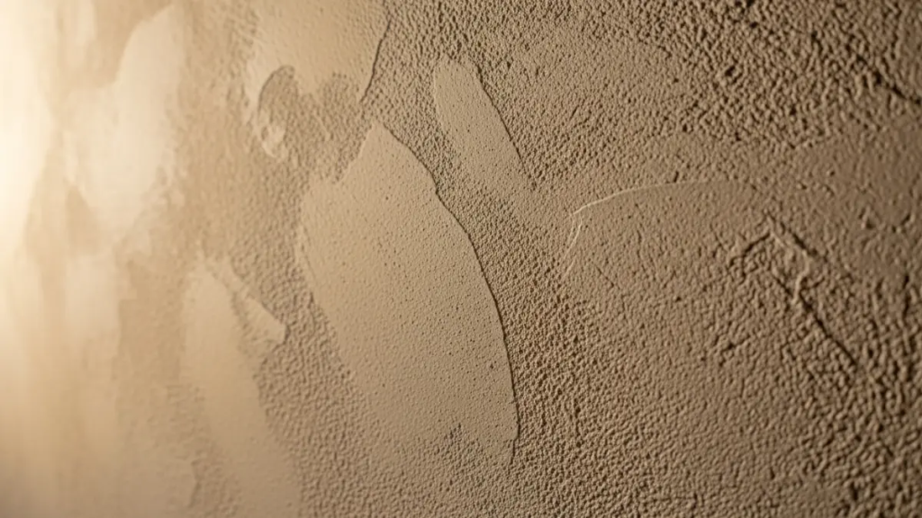 Detalhe aproximado de parede com acabamento mineral limewash em tom bege, ressaltando a importância das texturas nas cores de 2026.