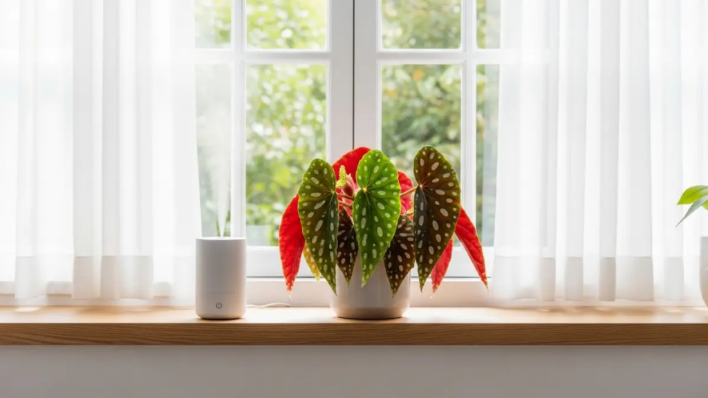 Begônia Maculata ao lado de um umidificador de ar perto de uma janela com cortina branca.